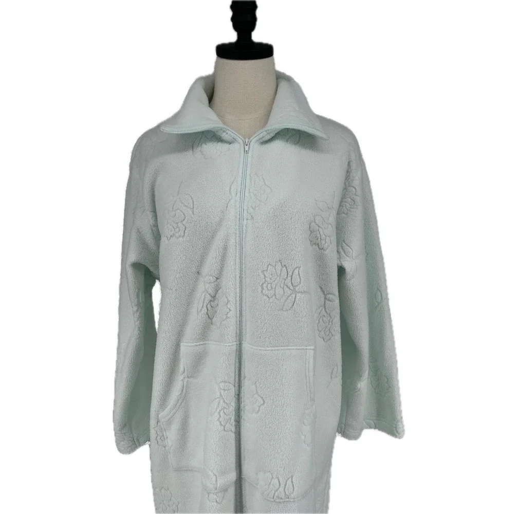Miss Elaine Mint Green Floral Embossed Fleece Robe Zip Front Pockets Size‎ S